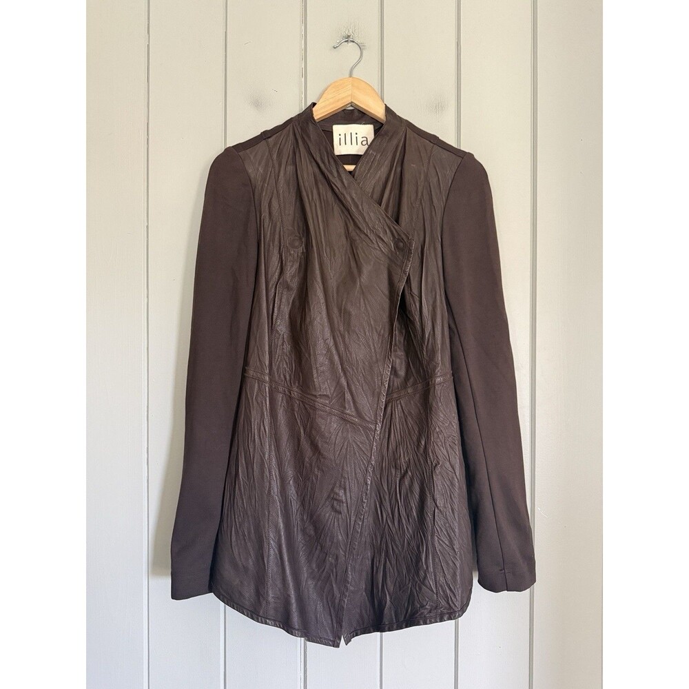 Illia John Murrough Leather Jacket Size 6 Drape Front Snap Brown L/S